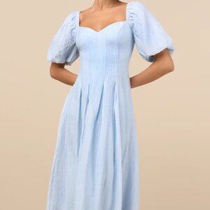 Lulus Heavenly Energy Blue Textured Puff Sleeve Pleated Midi Dress